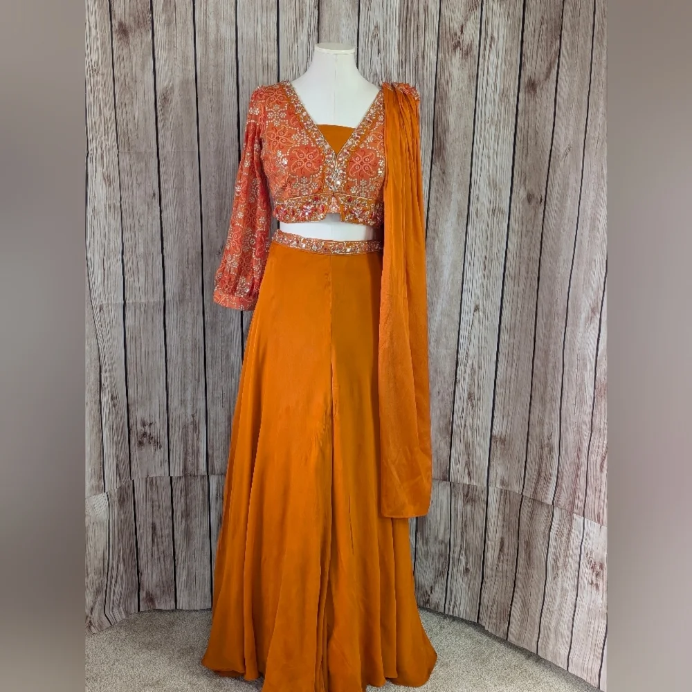 Orange Long Sleeves Crop Top, Palazzo and dupatta Set for Wedding Events - Picture 16 of 16
